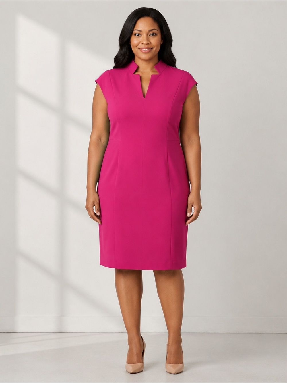 Calvin Klein Fuchsia Pink Sheath Dress Split Neck Size 12